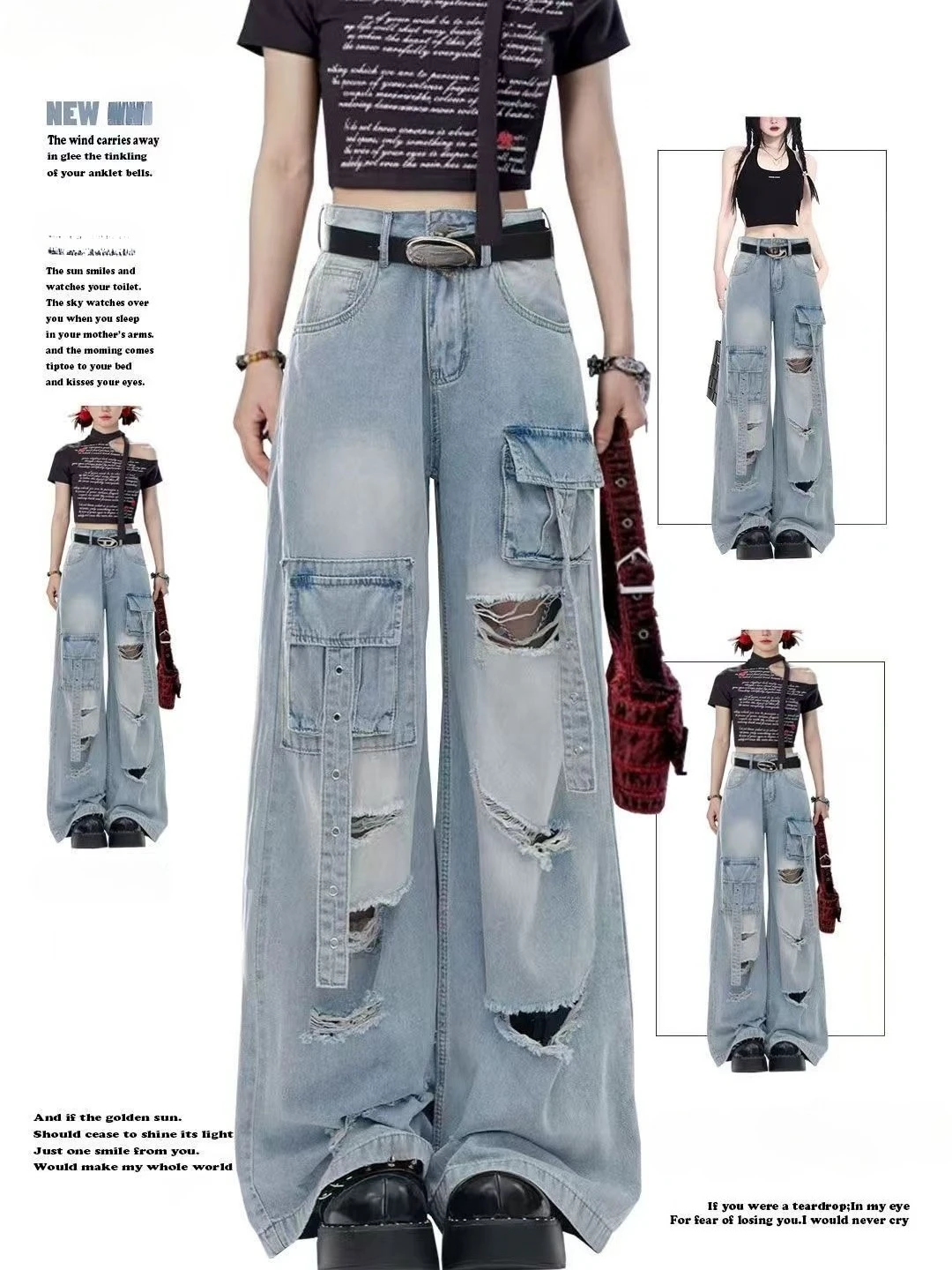 

Джинсовые брюки полной длины с потертостями, американские винтажные джинсы с дырками Y2k, свободные шикарные брюки на пуговицах со средней талией в стиле панк