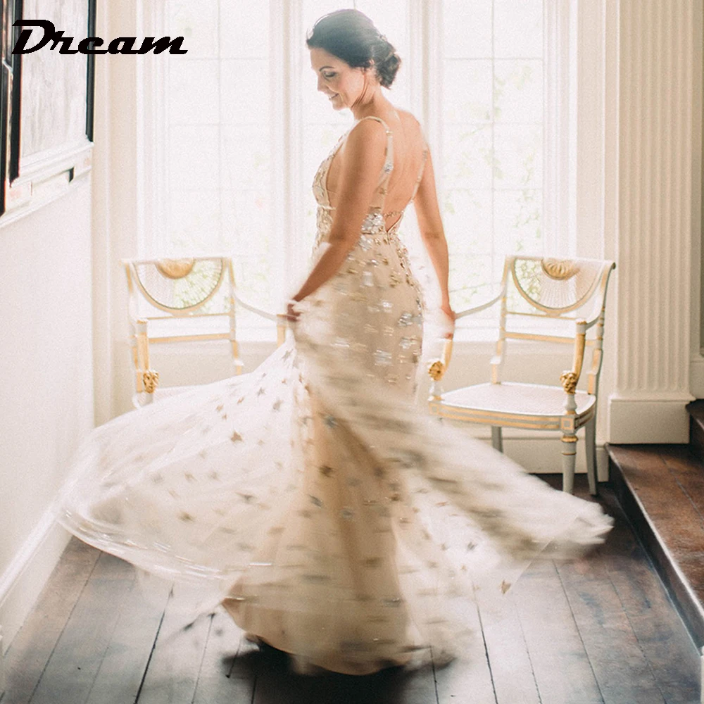 DREAM Customized Tulle Deep V Neck Sleeveless Wedding Dress For Women Open Back A Line Sweep Train Bridal Gowns 2025