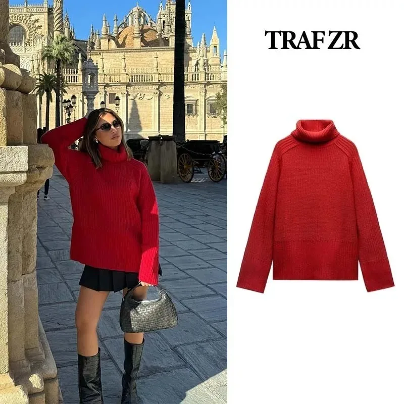 TRAF ZR Ins Red Turtleneck Pullovers Women 2024 Women\'s Winter Sweater Knit Y2k Knitwears Ladies 2023 Knitted Long Sleeve Top