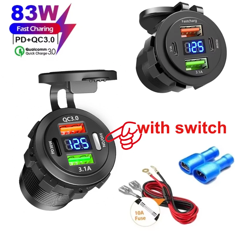 QC 3.0 PD30W Dual USB Fast Car Charger Socket 12V/24V waterproof with Switch Auto Car Quckly Charge Adapter Power Outlet