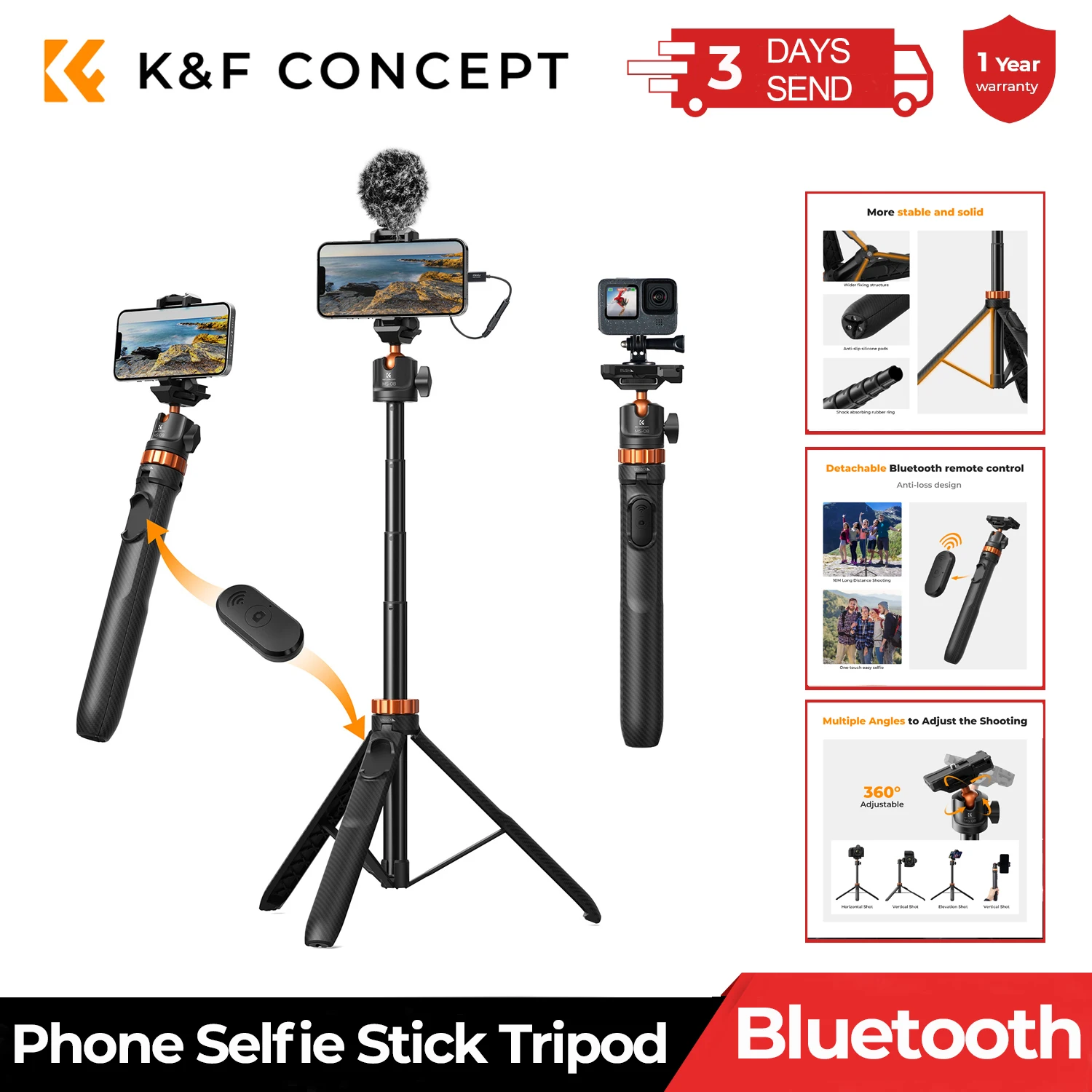 

K&F Concept Tripod Phone Selfie Stick and Bluetooth Remote Extendable Stand Tripod for Mobile Phone Live Streaming Gopro Adapter