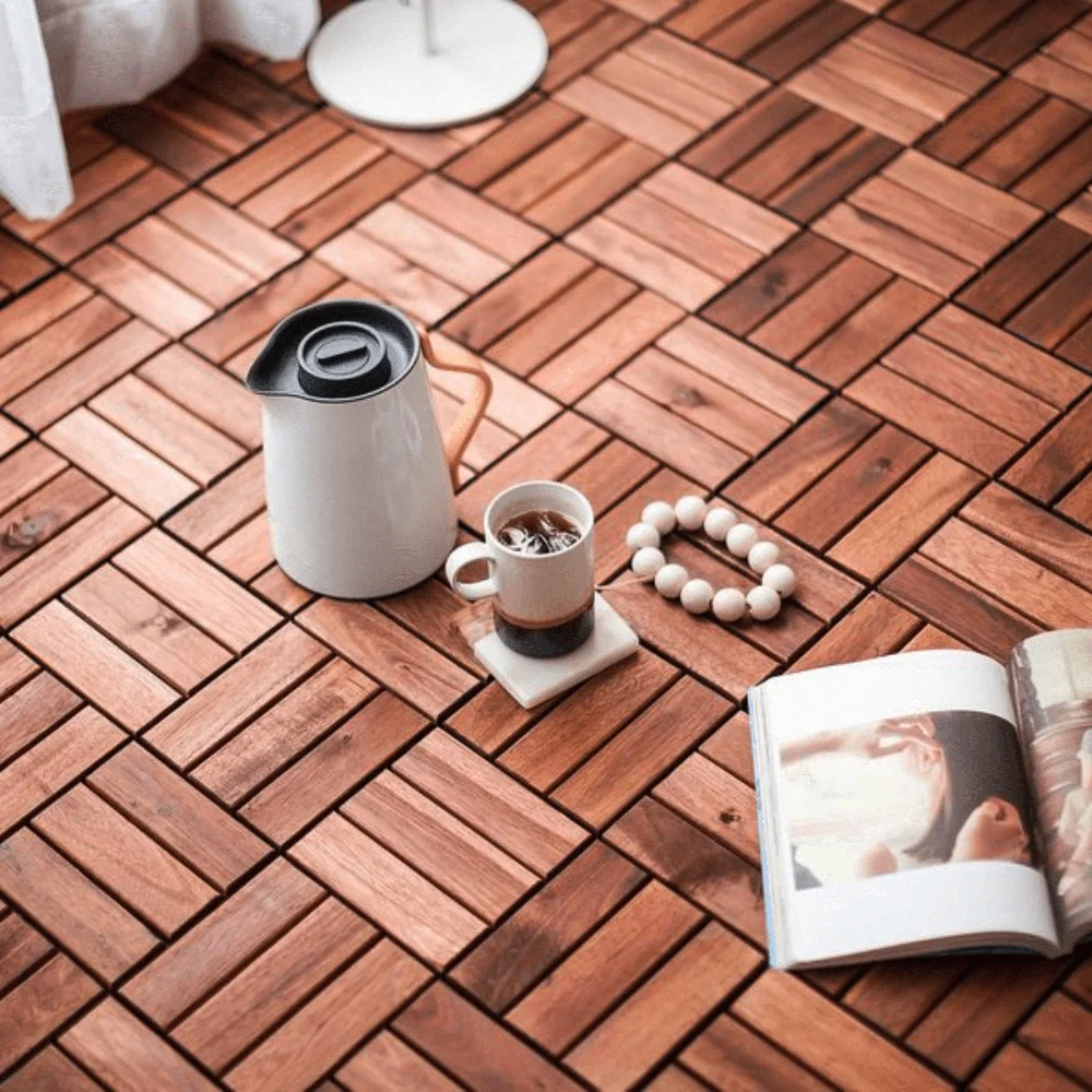 10PCS Acacia Wood Interlocking Deck Tiles Waterproof Outdoor Flooring Non-Slip Drainage Easy Installation Balcony Pool Garden