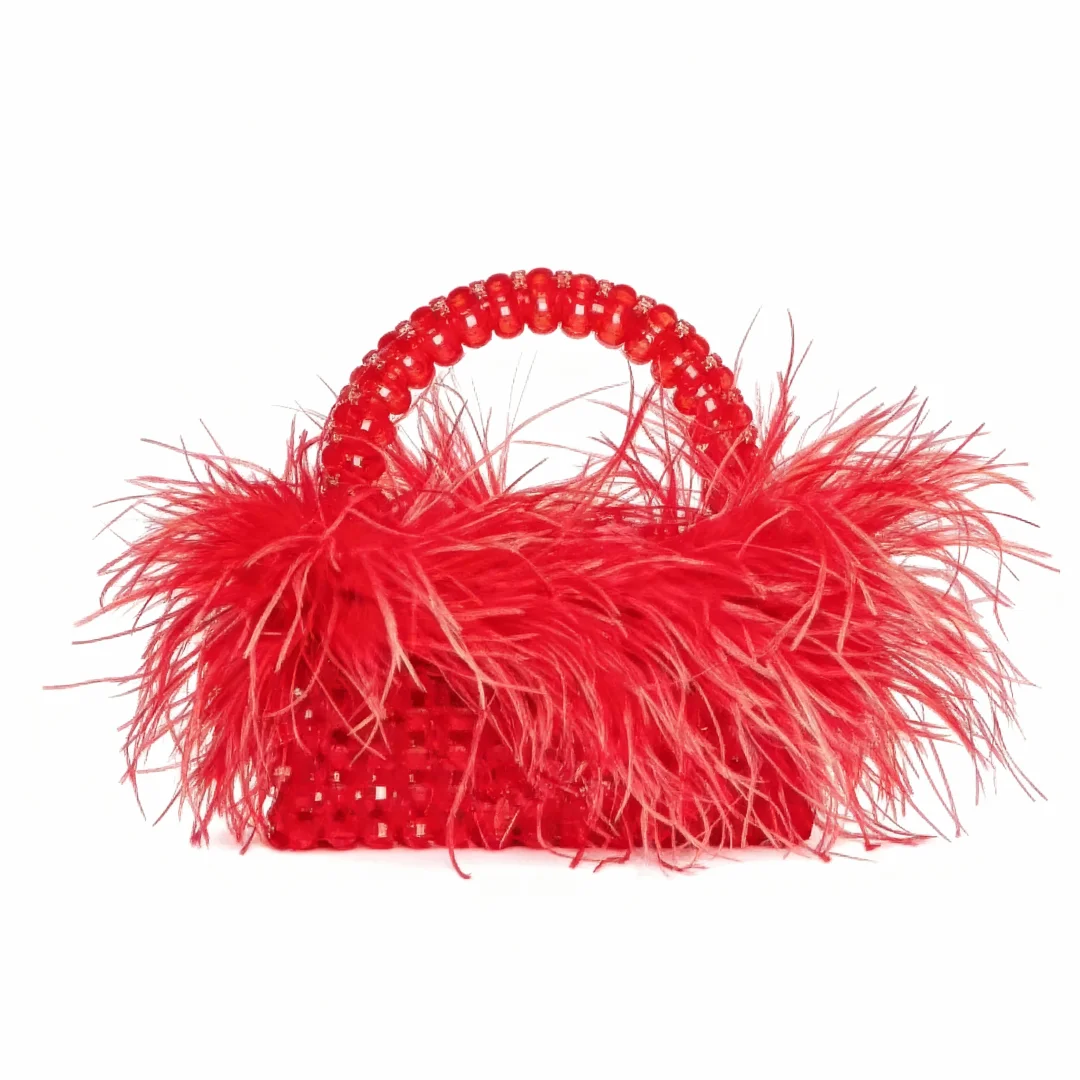 Pearl Bead Bag With Feather Fur Designer Brand Clear Acrylic Crystal Stone Box Tote Handbag Women Handmade Party Purse image 3