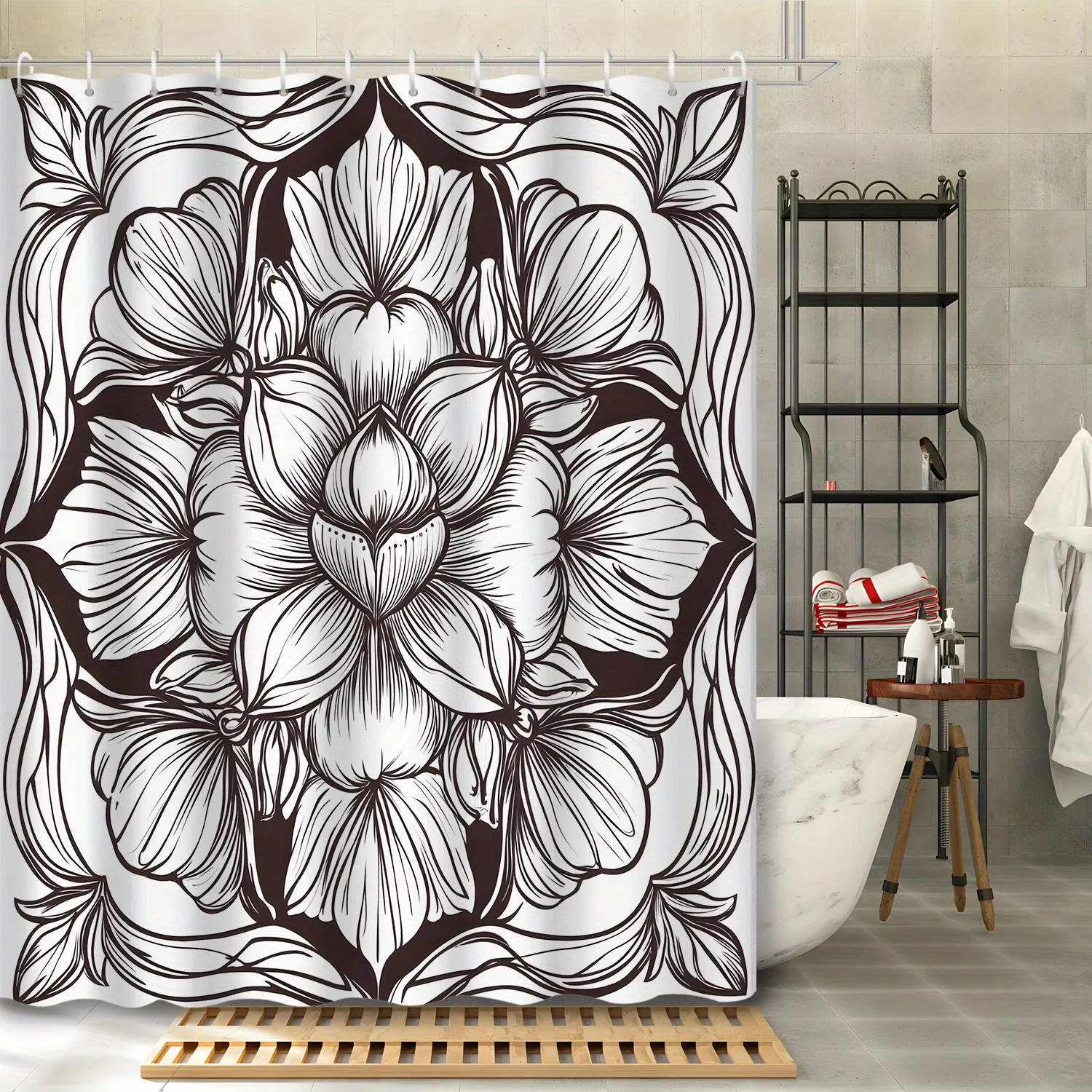 

1pc Minimalist Line Sketch Flower Print Shower Curtain, Polyester Fabric with 12 Hooks, Bathroom Accessory Shower Curtain