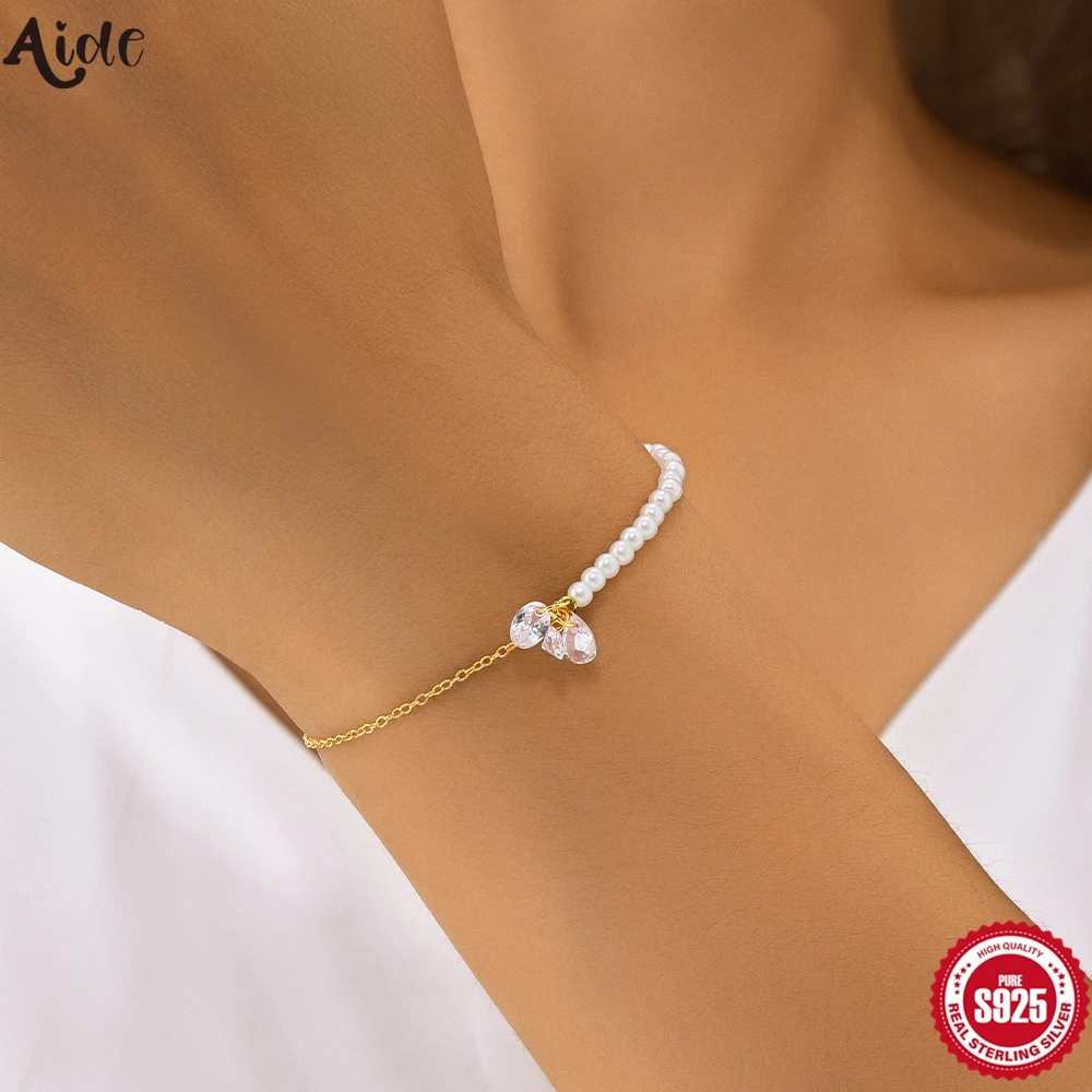 Aide 925 Sterling Silver Natural Freshwater White Pearl Rice Shape Bracelet Simple Zircon Asymmetric For Women Girl Jewelry Gift