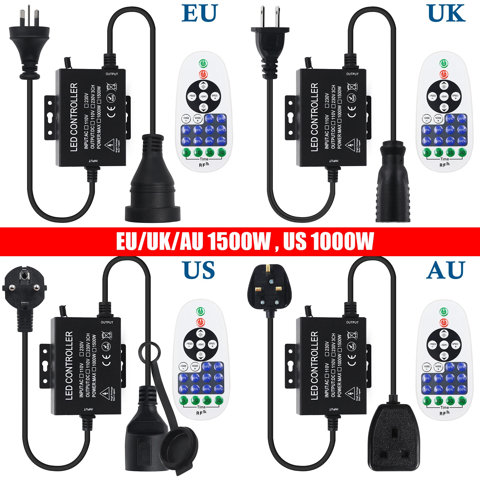 

AC 110V 220V Single Color Controller 1000W 1500W EU/UK/US/AU Set Use For LED Strip With RF Remote