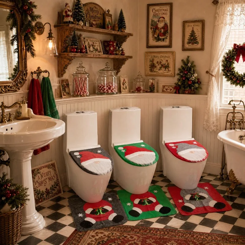 Christmas Decor Christmas Toilet Cover Santa Toilet Lid Cover 2-Piece Set Holiday Decor