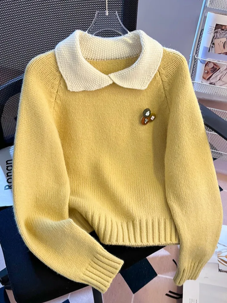 

Thiened Collared Doll Sle Knitted Sweater Women's Autumn Winter Loose Lazy Faion Design Self-kept Version Color Blo