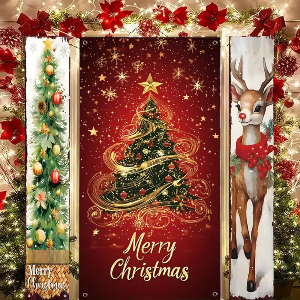 

Xmas Hanging Door Banner Backdrop Santa Claus Snowman Elf Merry Christmas Decoration New Year 2026 Couplet Gifts Background