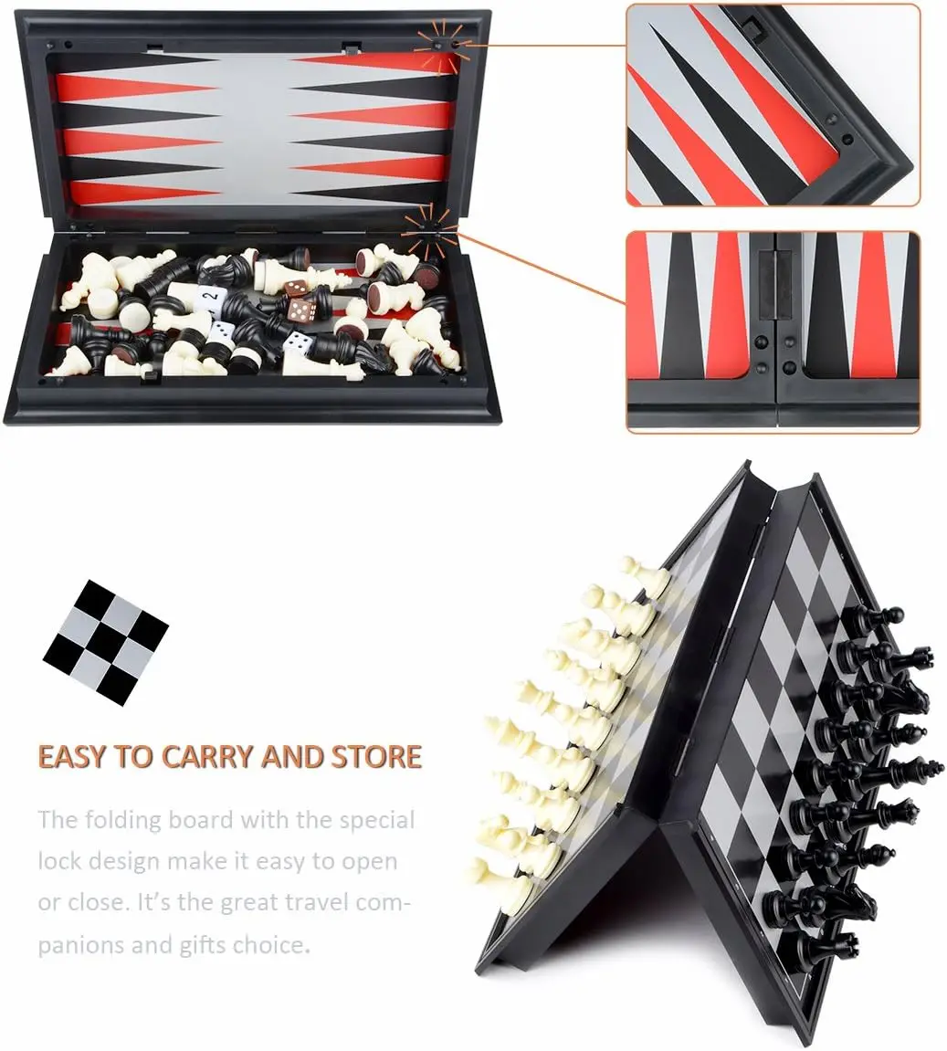 مجموعة الشطرنج/الداما/لعبة الطاولة 3 في 1، لوحة شطرنج مغناطيسية قابلة للطي للسفر للأطفال، 9.8 × 9.8 × 0.8 بوصة