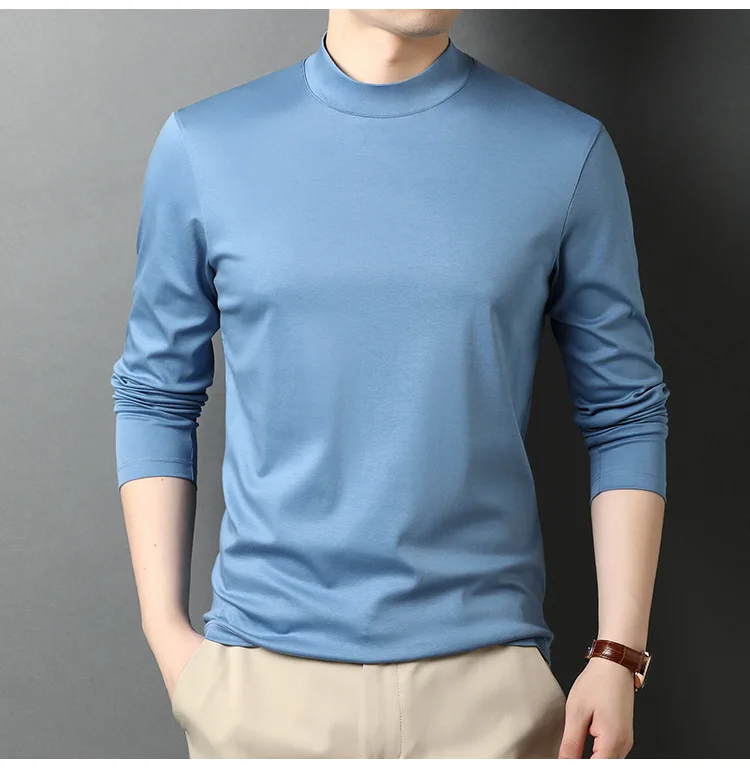 Comfy 100% Mercerized Cotton T Shirt Men Long Sleeve Korean Style Basic Solid Color T-shirts Half High Collar 2021quick Dry Tees