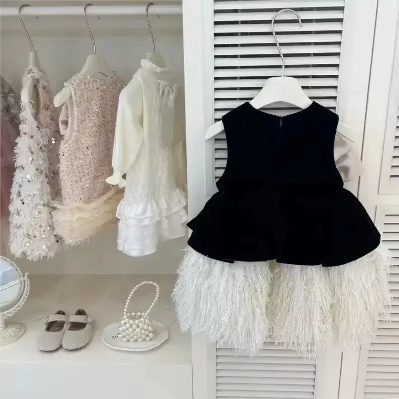 Girls  Hepburn Style Bow Ostrich Feather Sleeveless Princess Dress