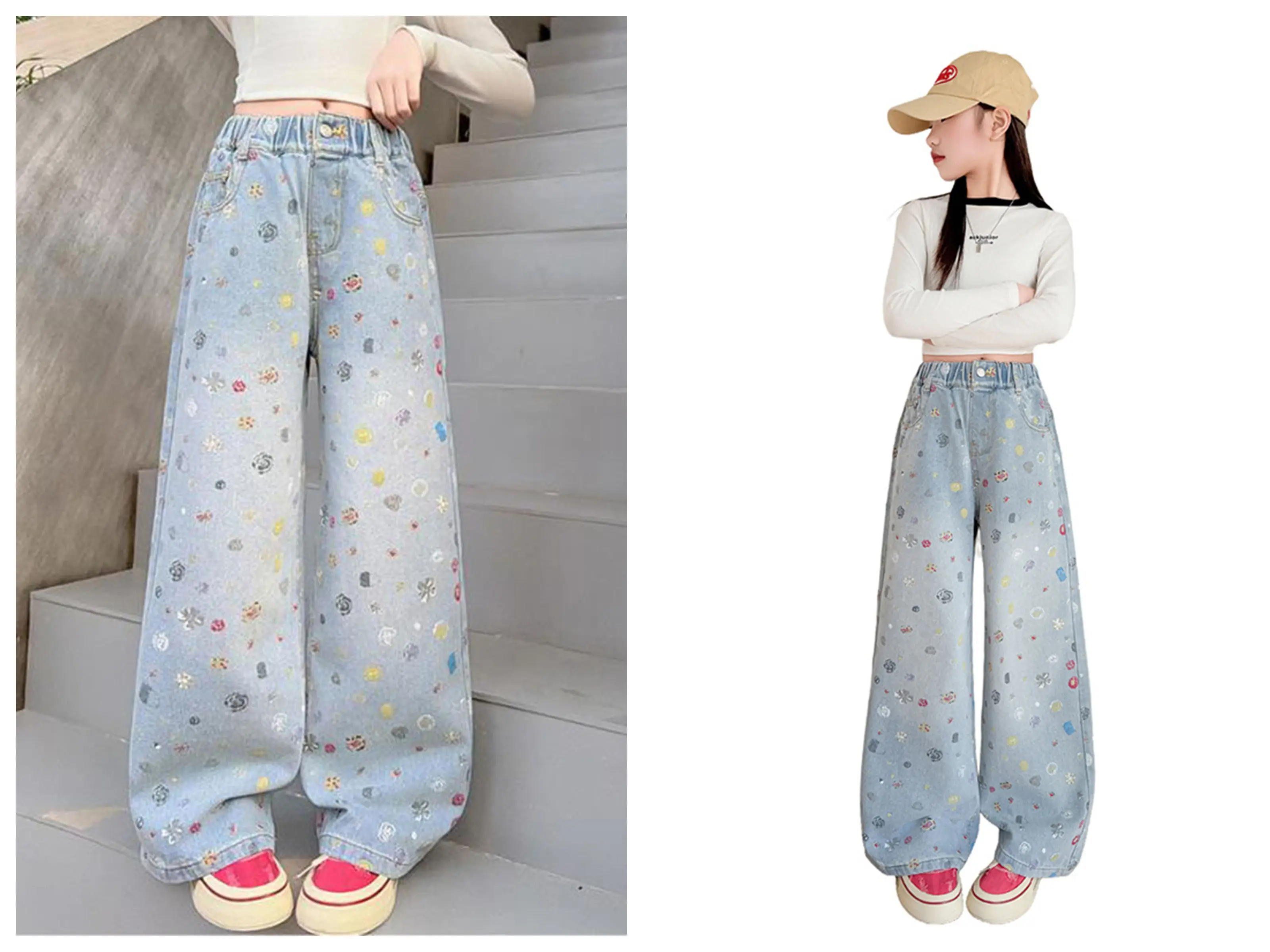 Spring Fall Kids Stylish Straight Jeans with Drawings for Teen Girls New Designer Denim Pants Children Casual Trousers Age 5-14Y