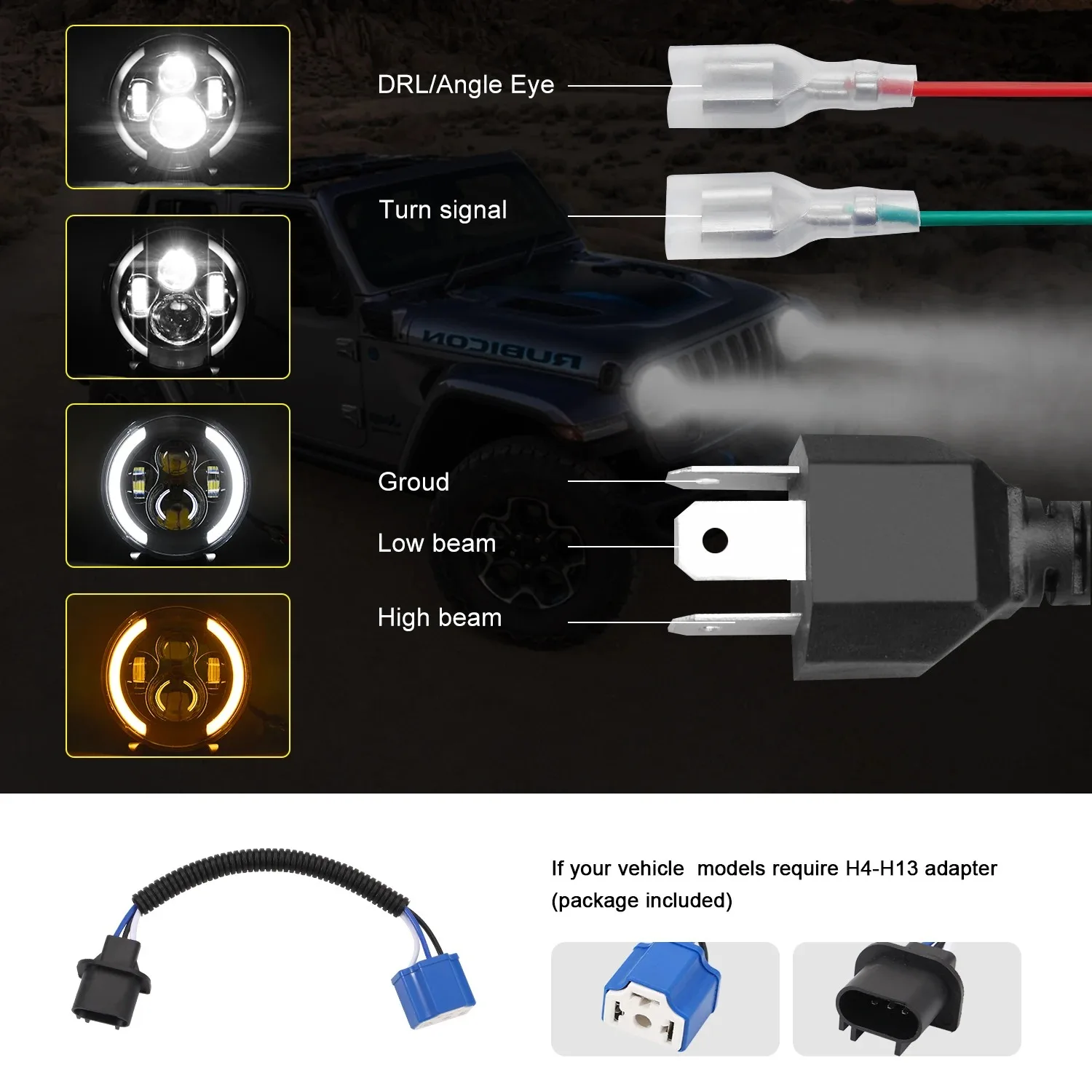 MONDEVIEW H4 7-inch LED Wrangler Crescent Angel Eye Daytime Running Light 6000K White 100000LM 1000W High-power Car Headlight