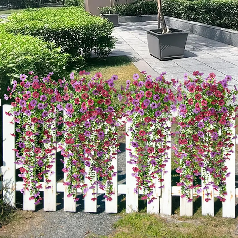 Sztuczne wiszące kwiaty i rośliny do dekoracji na zewnątrz na wiosnę i lato, 2 sztuki sztucznych stokrotek z jedwabiu, odporne na promieniowanie UV, wyglądają jak prawdziwe, do użytku na zewnątrz.