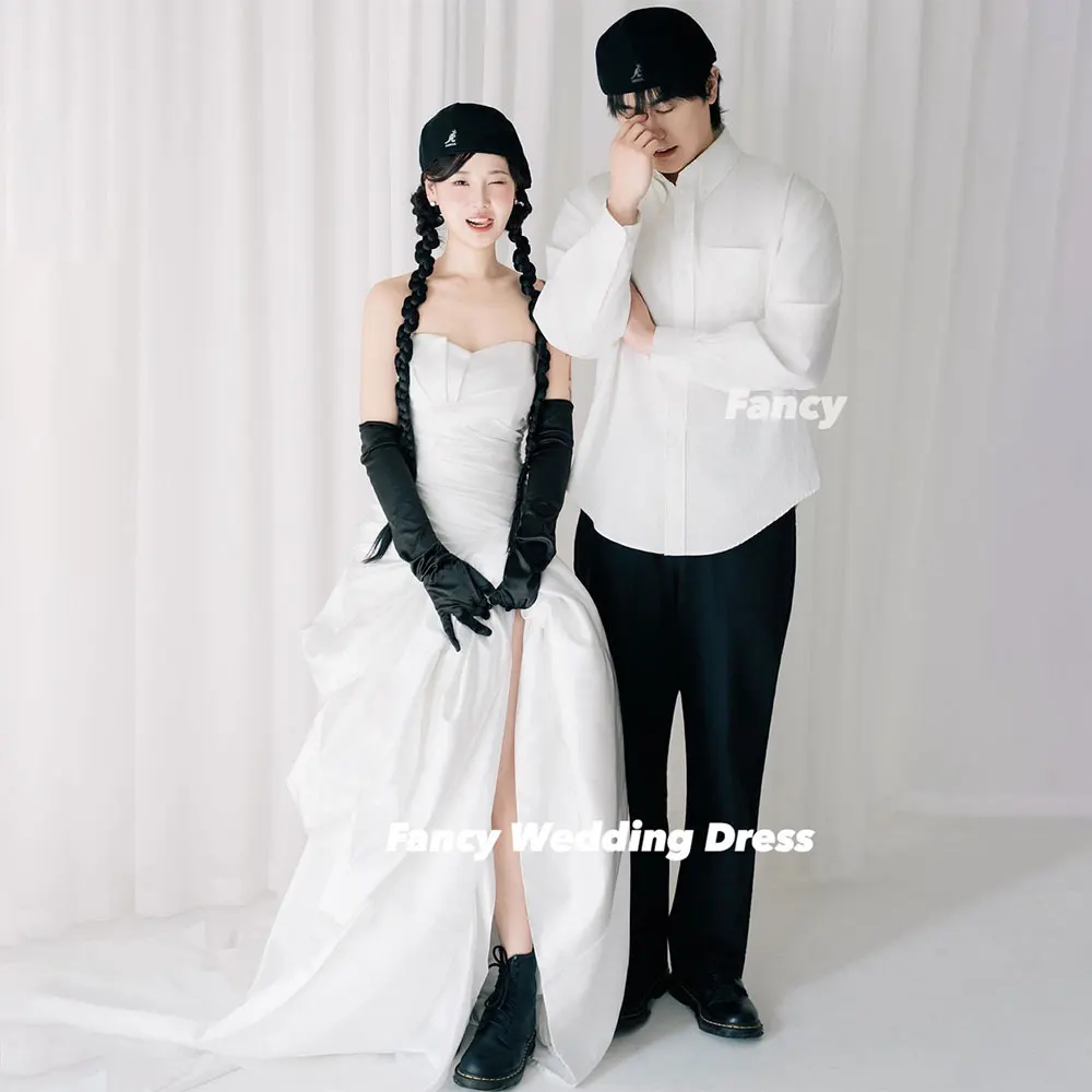 Fancy Sweetheart A Line Wedding Dresses Korea Photo Shoot Soft Satin Sleeveless Evening Dresses Back Corset Customized