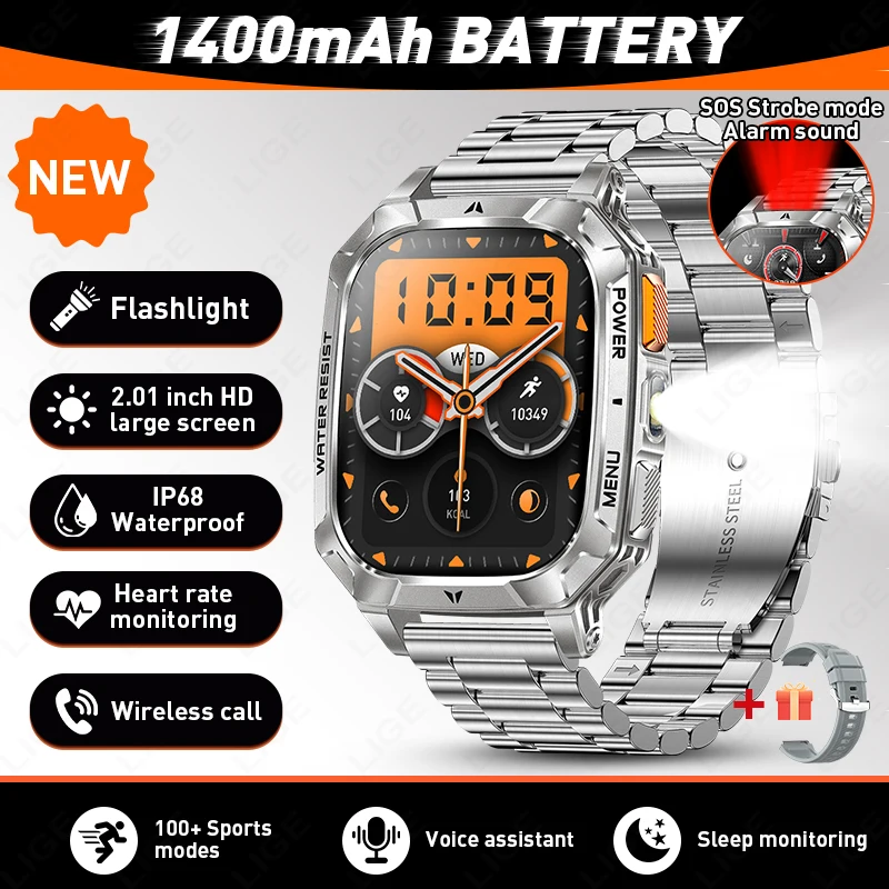 

1400mAh Super Large Battery Outdoor Smart Watch 2026 New Men 2.01" HD Screen IP68 Waterproof Bluetooth Call Fitness Smartwatch