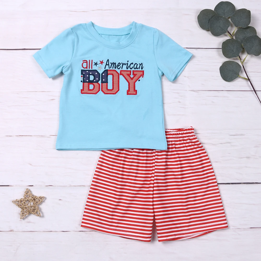 

Independence Day 1-8T Outfits Baby Boy Clothes Set Embroidery Bodysuit Toddler Sleeve Summer Babi Bluey T-shirt Lattices Shorts