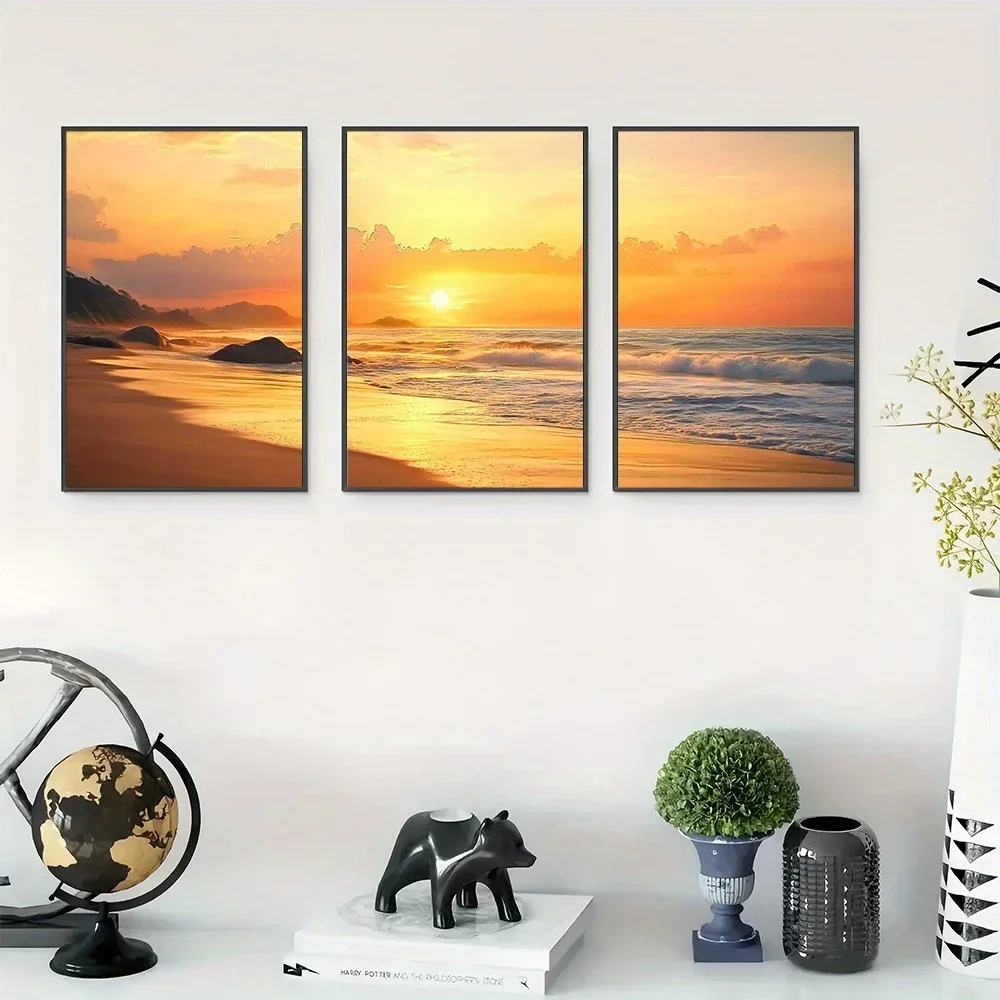 3pcs Unframed Coastline Wall Art, Natural Scenery Wall Art, Orange Red Color Tone Art Prints, Lighting Effects Canvas Print,