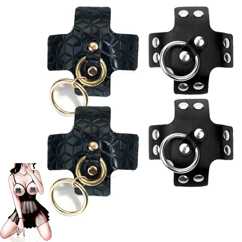

Sexy Fashion 1 Pair Pu Leather Nipple Covers Reusable X Shape Nipple Pasties With Ring Breast Stickers For Women Girls