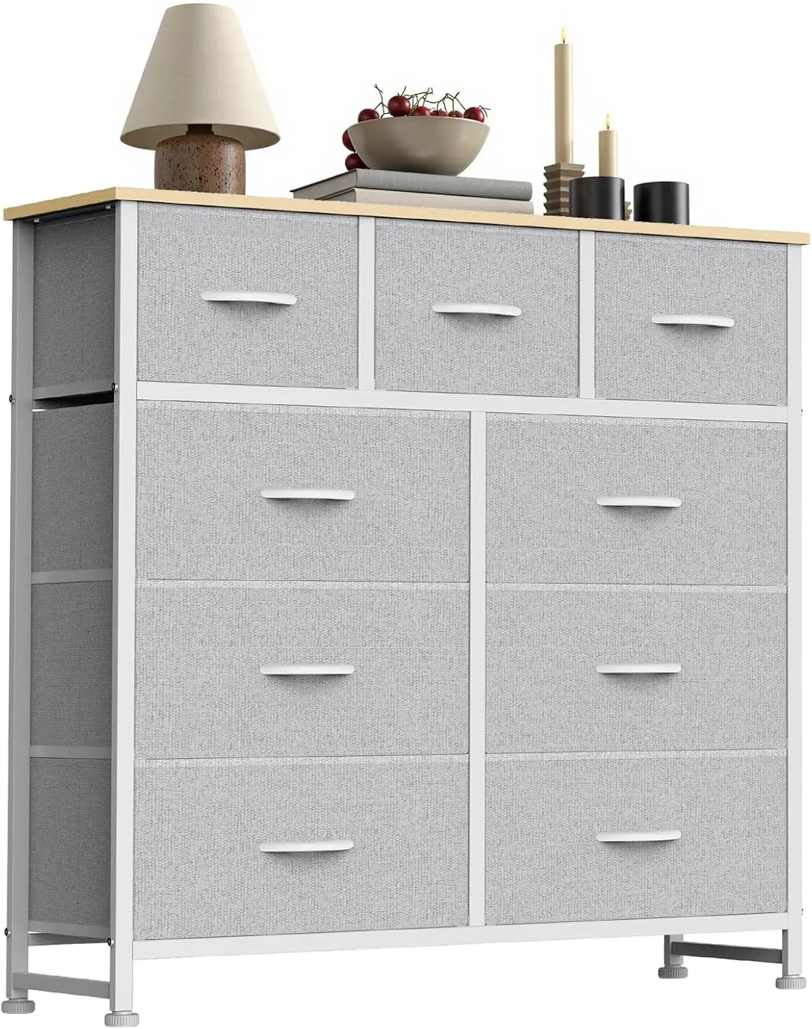 

9 Drawer Fabric Dresser Storage Tower with Wood Top and Steel Frame, Organizer Chest with Easy Pull Handles for Bedroom, Clos