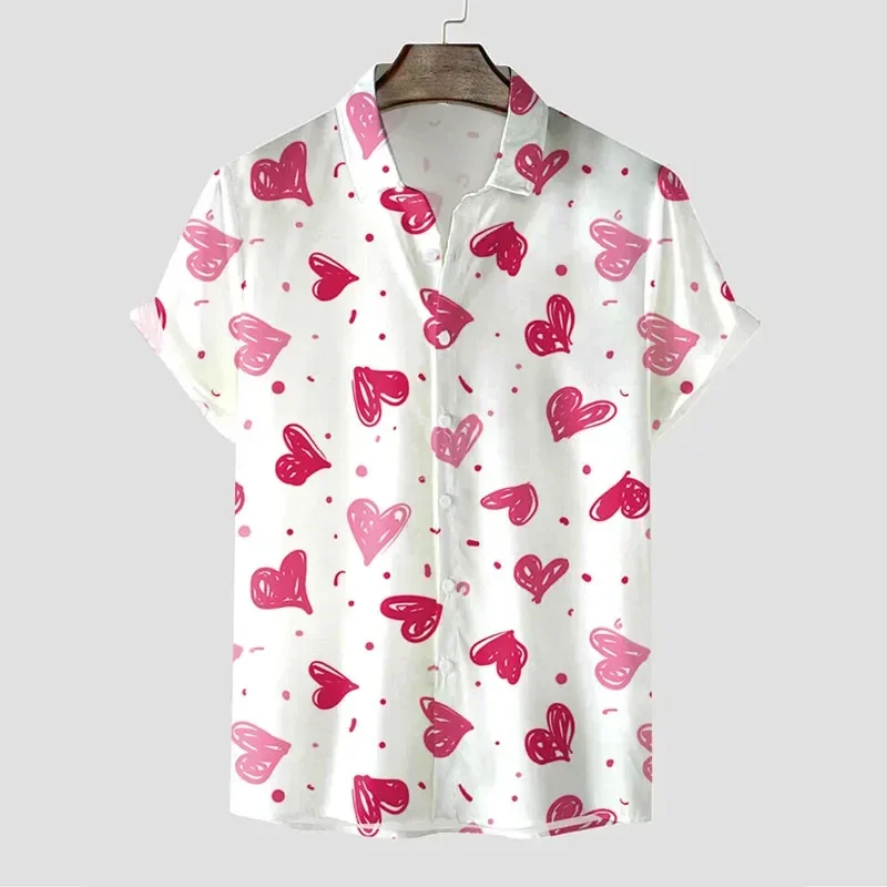 Men Red Pink Heart All‑Over Print Cuban Collar Short Sleeve Shirt Loose Button Up Summer Beach Vacation Casual Tops