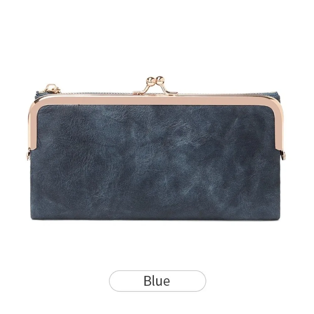 Vintage Kiss Lock Long Wallet Multi Functional Double Fold Card Holder Solid Color Large Capacity Wallet Women