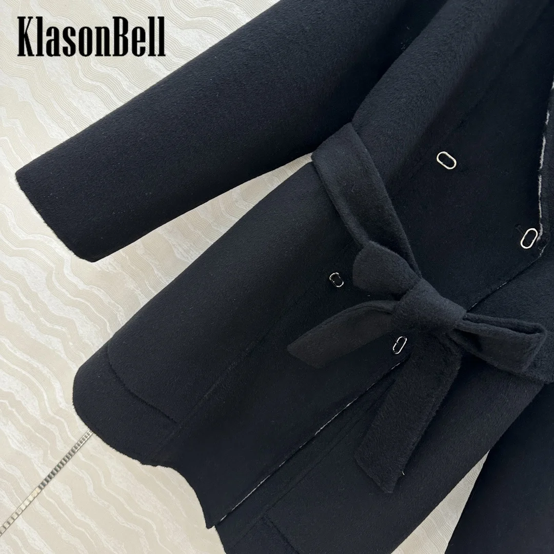 9.23 KlasonBell-Women Elegant Lining Jacquard Double-Sided Cashmere Coat Double Metal Button Sashes Lapel Midi Wool Outerwear