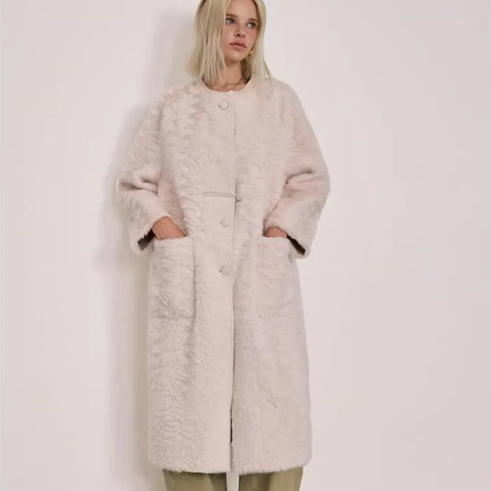 Winter Creamy-White Shaggy Faux Rabbit Fur Coat CHIC Women O neck Single-breasted Buttons Full Sleeve Loose Long Outerwear