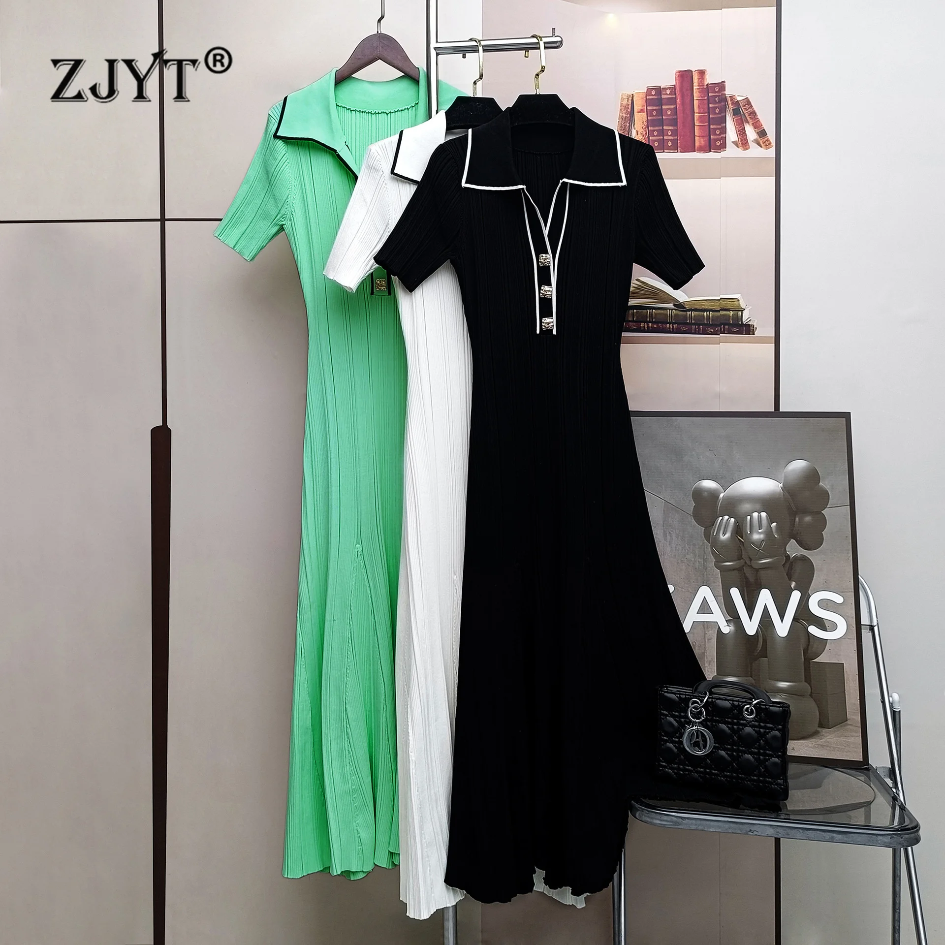 

ZJYT 2025 летние вязаные платья, женские длинные свитера, элегантное зеленое повседневное вечернее платье с короткими рукавами и отложным воротником, женское