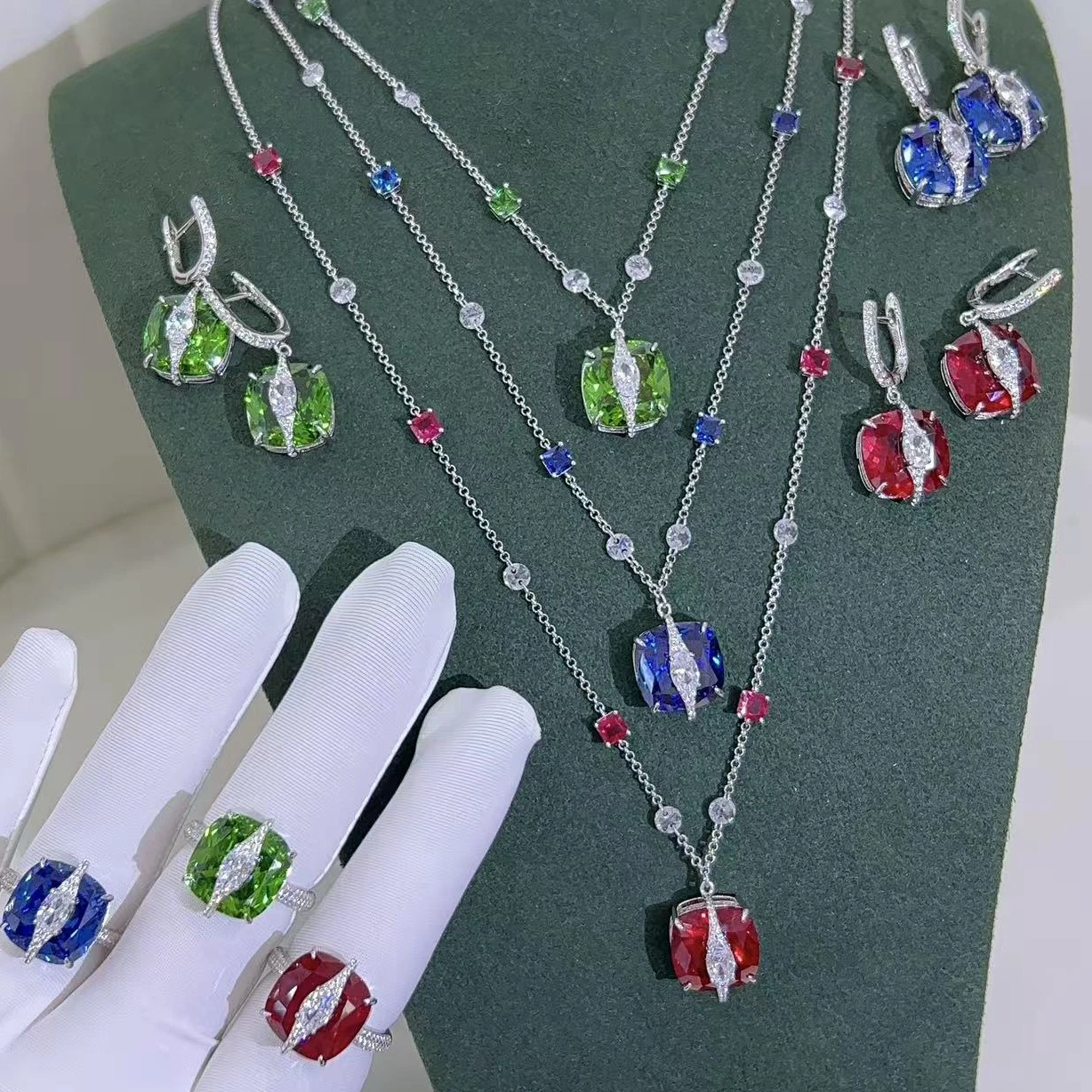 

KQDANCE 925 Silver Cushion Cut Sapphire Blue Red Green Crystal Gemstone Necklace Earrings Rings Women Wedding Party Jewelry Set