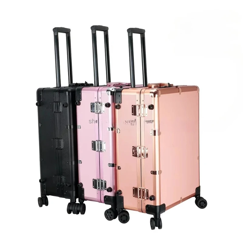 

Aluminum 4-wheel professional rolling makeup luggage with illuminated mirror LED lights