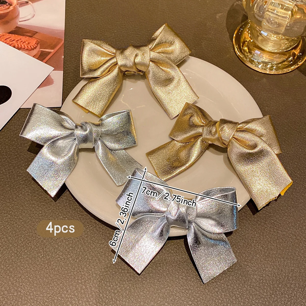 4 gold and silver bow hair clips, Korean style hair accessories suitable for daily use