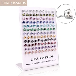 LUXUKISSKIDS Colored Shiny Zirconia Stud Earrings Round Geomertic 60pairs/Lot Bulk Sale Small Heart Star Stainless Steel Aretes