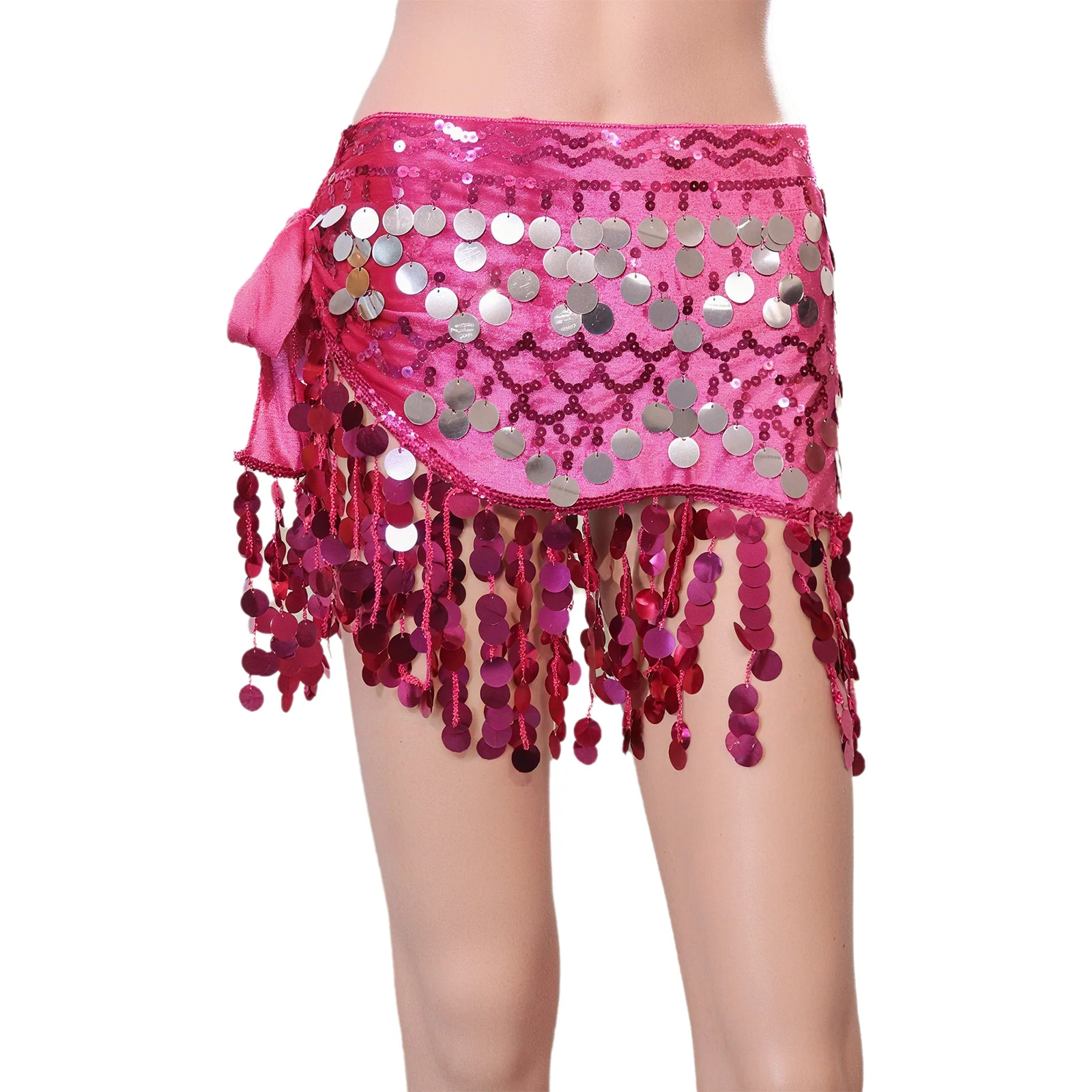 ผ้าคาดเอวเต้นระบำหน้าท้องสำหรับผู้หญิง ประดับเลื่อมกลม พู่ห้อย ผูกเชือก กระโปรงคาดเอวสำหรับเต้นรำ งานคาร์นิวัล คลาสเรียนเต้นรำ และการแสดง