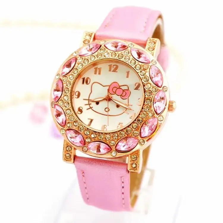 New Hello Kitty Diamond Quartz Watch for Women Sanrio Cartoon Fashion PU Leather Belt Watch Children Birthday Gift