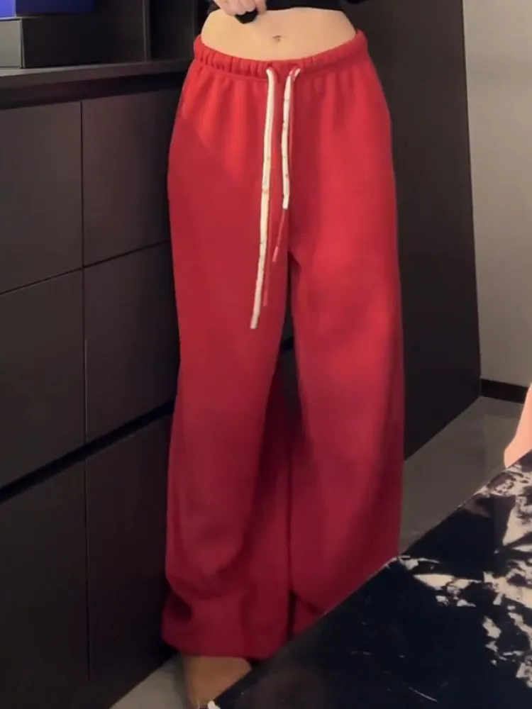 

Red Fce Lined High Waist Wide Leg Pants Women's Winter Thiened Loose Slimming Casual Pants Drapey Pants Cleanfit Sle