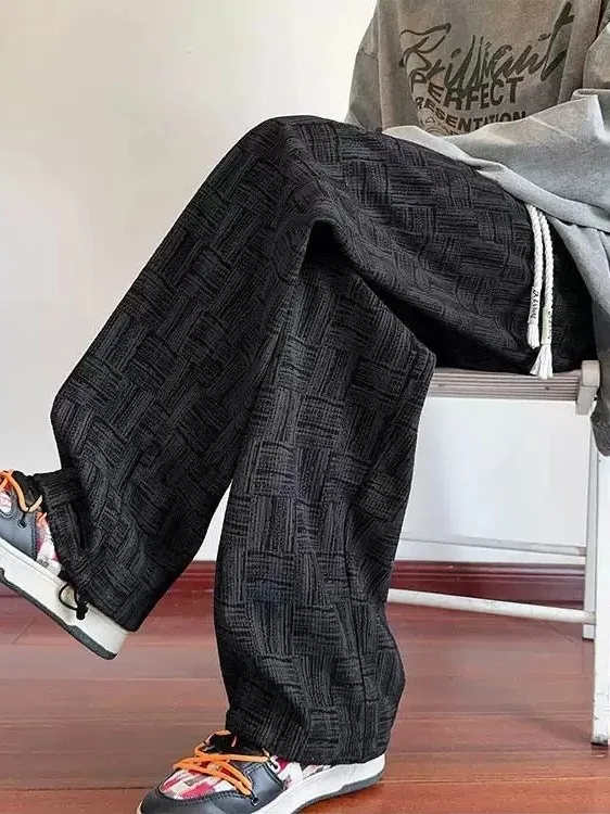 Men's American Style Tie Dye Plaid Casual Pants Loose Straight Leg Sporty Trousers Breathable Comfortable Wear Resistant