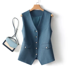 Single-Breasted Slim Thin Short Waistcoat Female Spring and Autumn Fashion Workplace Temperament V-Neck Tops Outwear