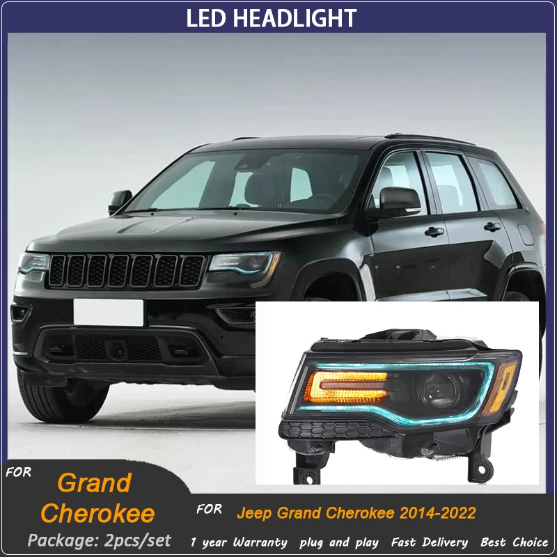 Car Fit For 2014-2022 Jeep Grand Cherokee Headlight Modification Parts, APP Control RGB Color LED DRL Lens Head Lamp Assembly