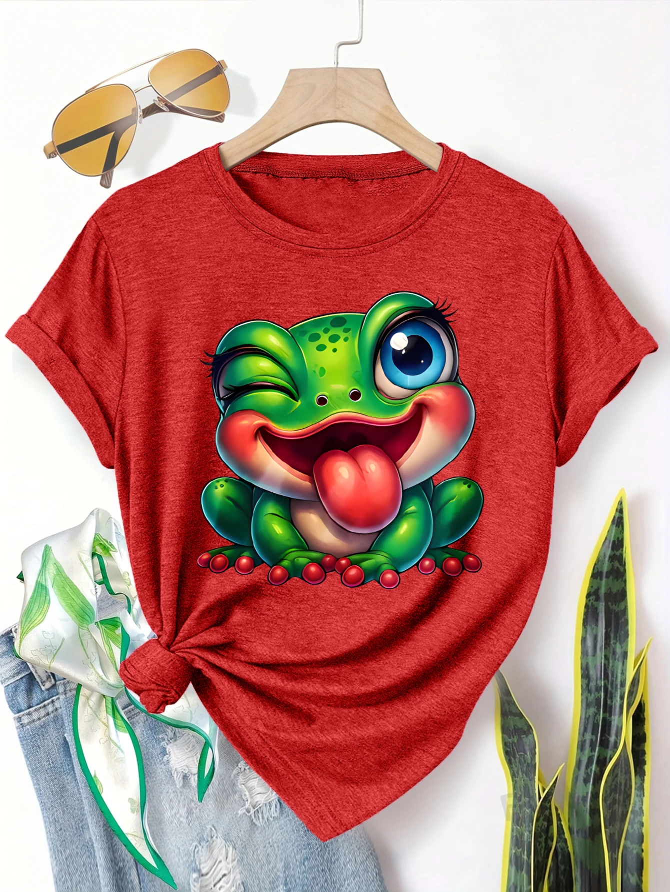 

Plus size women's short sleeve T-shirt Cute Frog With Big Eyes And Tongue breathable fabric summer outfits women's clothing