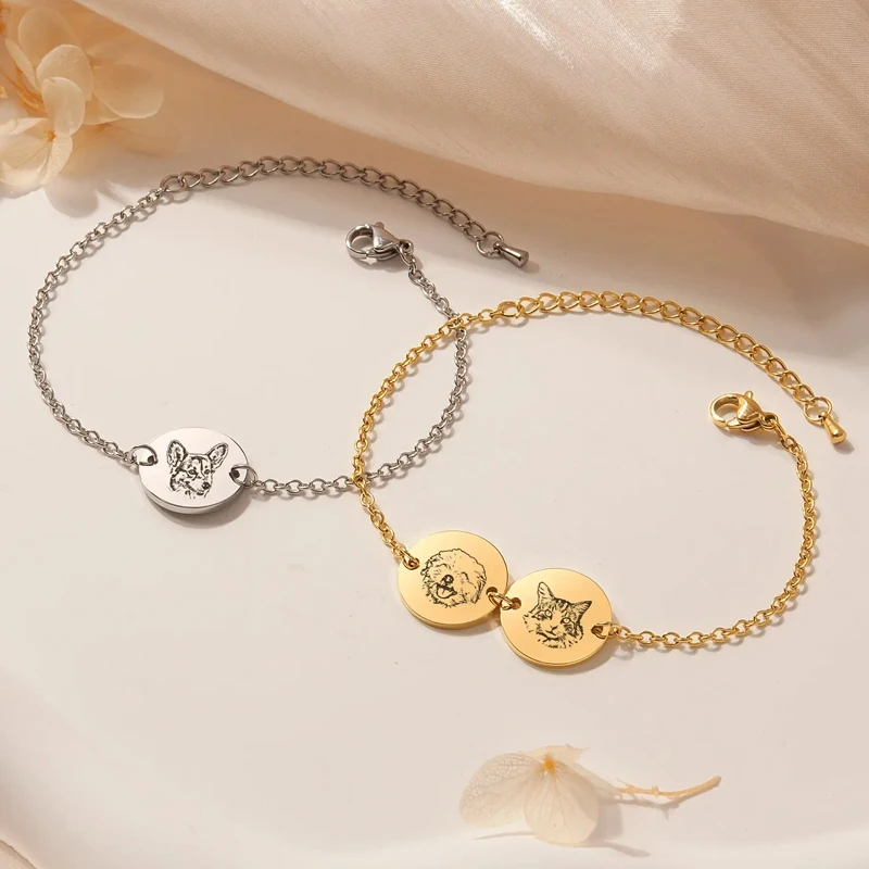 Custom Pet Bracelet Dog Portrait Bracelet Stainless Steel Engrave Cat Portrait Cat Paw Print Pet Jewelry Pet Loss Gift Pet Gifts