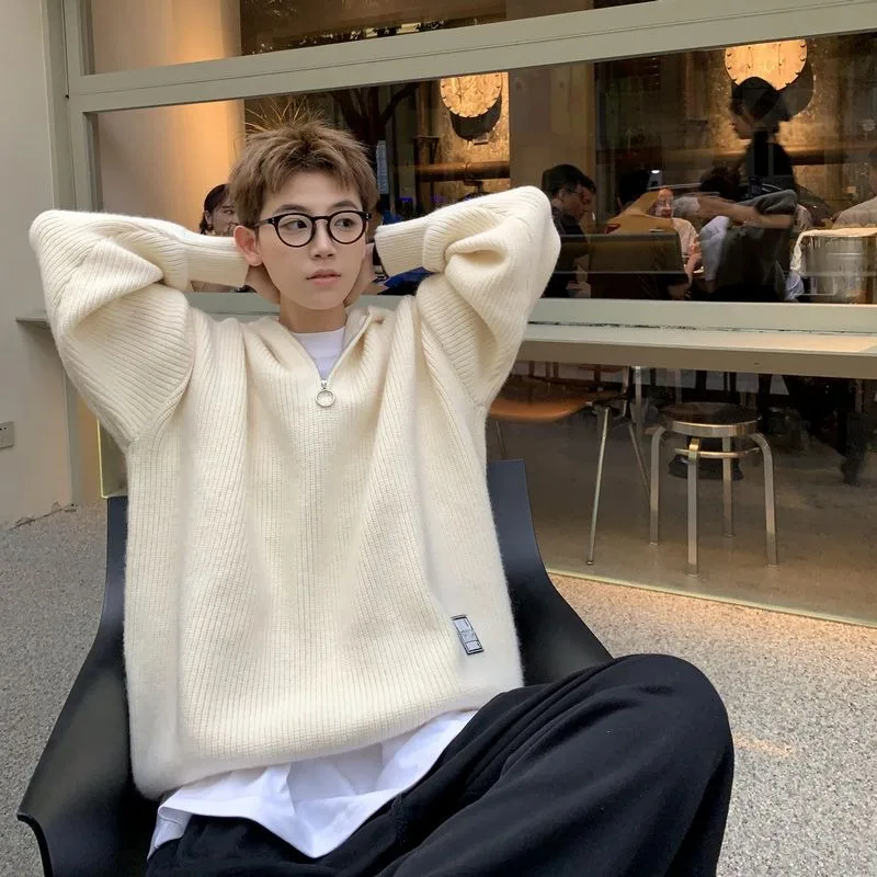 

Мужской зимний парный повседневный свитер большого размера с капюшоном на молнии до половины, трикотаж в ленивом стиле, однотонный простой повседневный пуловер