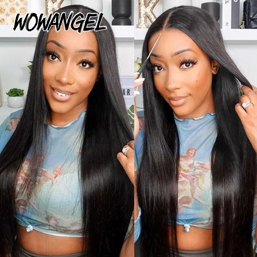 Wow anjo 250% pré-corte laço 5x5 hd fechamento do laço peruca sem cola cabelo humano pronto para usar 34in peruca reta pré arrancado cabelo remy
