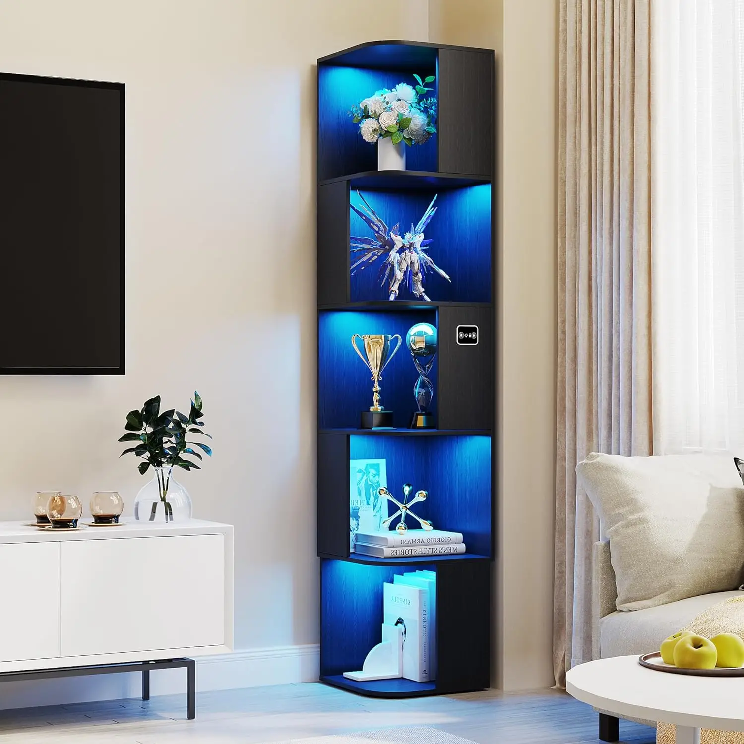 

Книжный шкаф с 5 полками — угловая книжная полка с 3-мя цветами светодиодных сенсорных светильников, современный органайзер для хранения кубов для книг Lego, гостиной, Stu