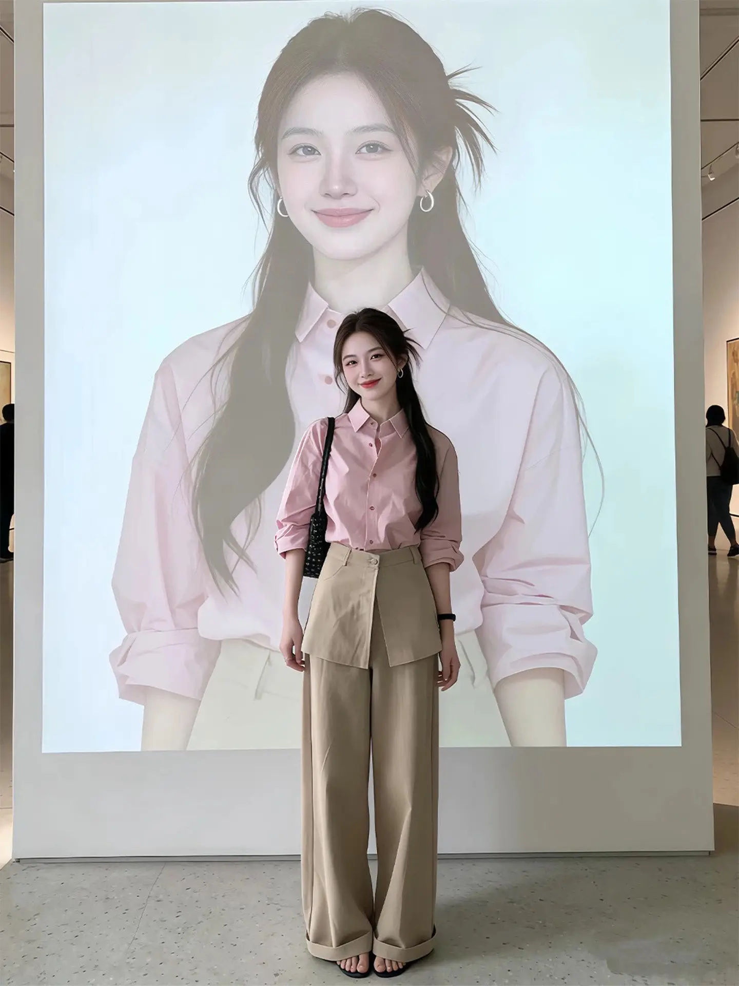 

Элегантный розовый комплект из рубашки и брюк с широкими штанинами в корейском стиле, весенний модный ансамбль, брюки с высокой талией, топ на пуговицах