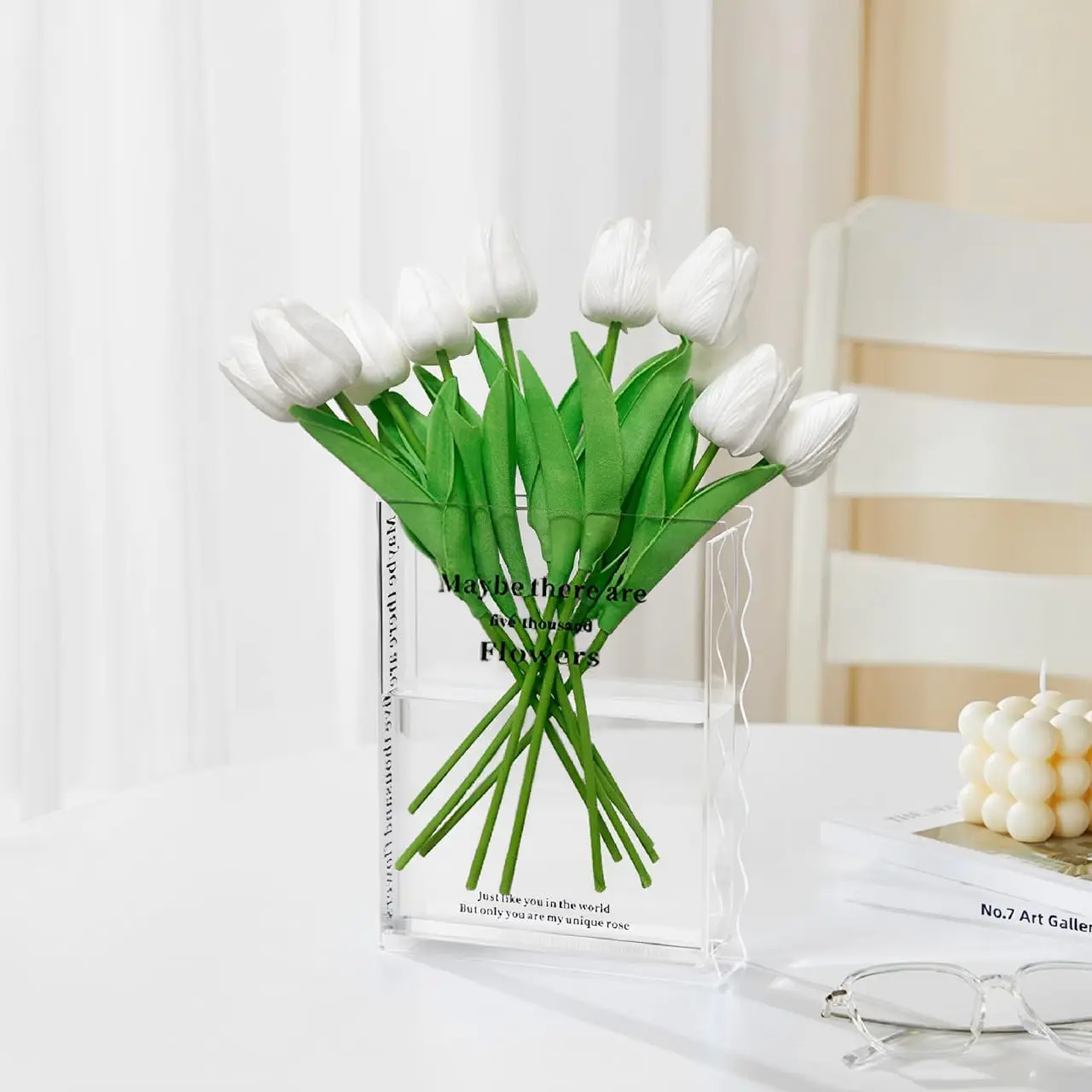 Artificial  with Book Vase, 10pcs Faux White Flowers Fake Tulips in Clear Acrylic  for  Office Decor  Vase for Book Lovers, Arti