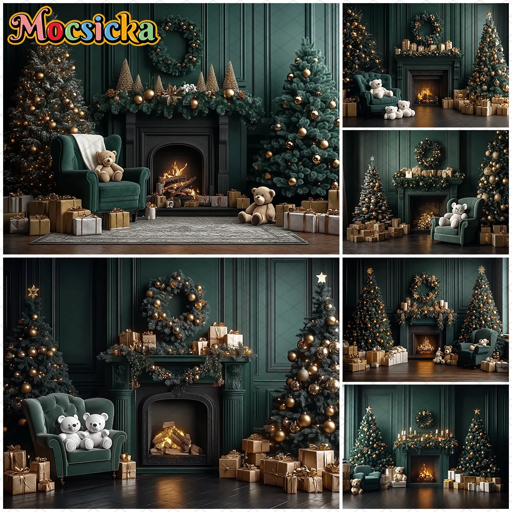 

Mocsicka Christmas Fireplace Photography Background Home Xmas Tree Bear Gift Green Wall Sofa Decoration Photo Backdrop Wallpaper