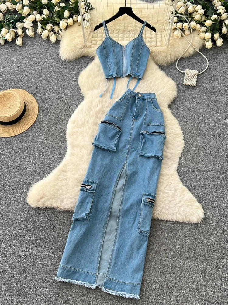 

Fashion high street denim two-piece set women's summer new short style zipper camisole vest high waist slit design half skirt