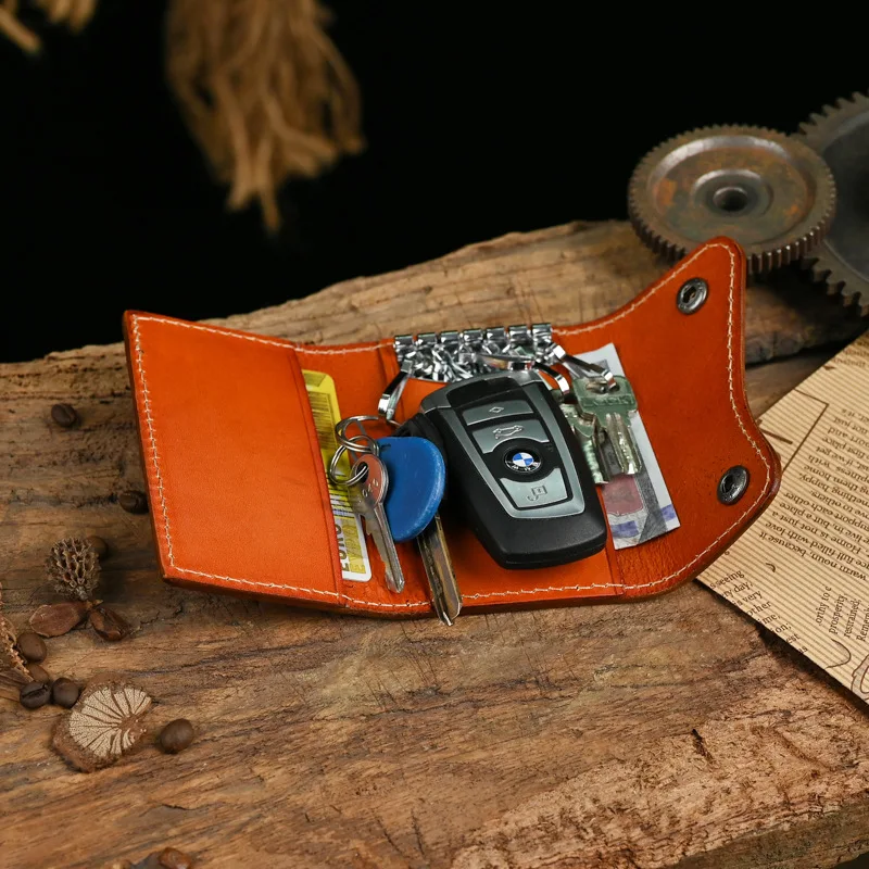 LD-Leather key bag, vegetable tanned vertical style with card slot, fashionable snap button key